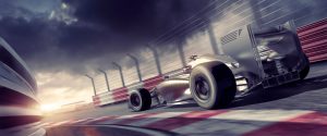Grand Prix High Speed Racing Car On Racetrack At Sunset